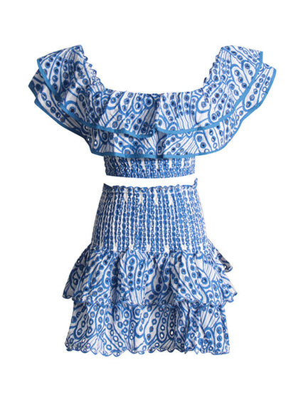 Eyelet Smocked 2-Piece Summer Cocktail - Off-Shoulder Top & Layered Mini Skirt