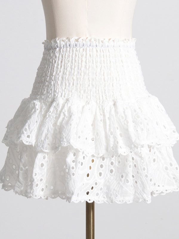 Eyelet Smocked 2-Piece Summer Cocktail - Off-Shoulder Top & Layered Mini Skirt