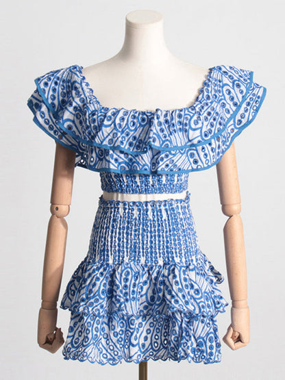 Eyelet Smocked 2-Piece Summer Cocktail - Off-Shoulder Top & Layered Mini Skirt