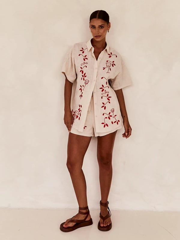 Summer Outfits- Loose Fit 2-Piece Embroidered Shirt & Shorts for Summer- - Pekosa Women Clothing