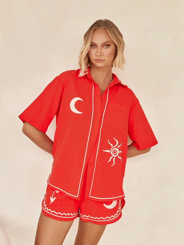 Summer Outfits- Loose Fit 2-Piece Embroidered Shirt & Shorts for Summer- - Pekosa Women Clothing