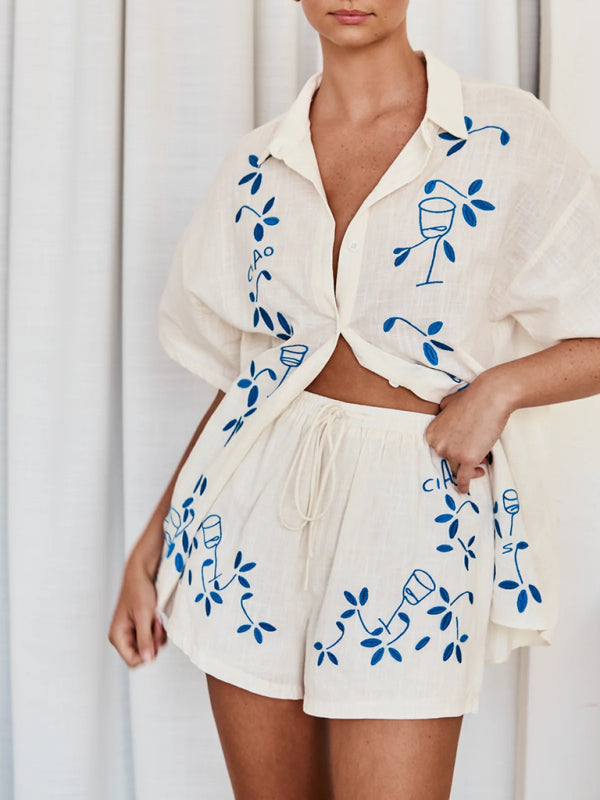 Summer Outfits- Loose Fit 2-Piece Embroidered Shirt & Shorts for Summer- Blue- Pekosa Women Clothing