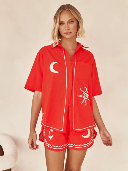 Summer Outfits- Loose Fit 2-Piece Embroidered Shirt & Shorts for Summer- Orange Red- Pekosa Women Clothing