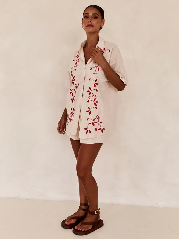Summer Outfits- Loose Fit 2-Piece Embroidered Shirt & Shorts for Summer- - Pekosa Women Clothing