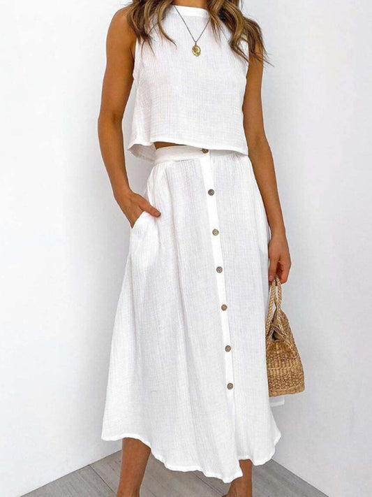 Summer Outfits- Summer Duo Textured Cotton Tank Top with Button-Up Midi Skirt- White- Pekosa Women Clothing