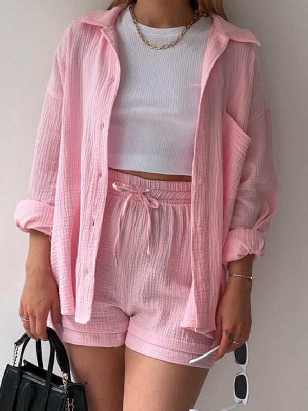 Summer Outfits- Summer Textured Long Sleeve Shirt & Shorts 2-Piece Set- Pink- Pekosa Women Clothing