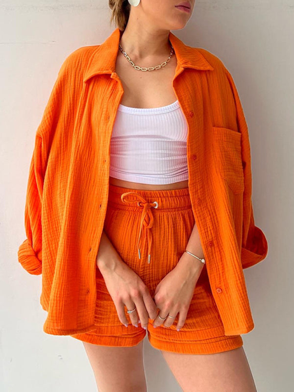 Summer Outfits- Summer Textured Long Sleeve Shirt & Shorts 2-Piece Set- Orange- Pekosa Women Clothing