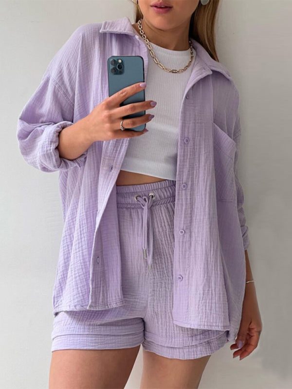 Summer Outfits- Summer Textured Long Sleeve Shirt & Shorts 2-Piece Set- Lavender- Pekosa Women Clothing