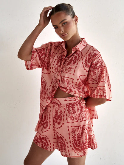 Summer Outfits- Tropical Summer 2-Piece Vacation - Button-Up Shirt and Shorts- Red- Pekosa Women Clothing