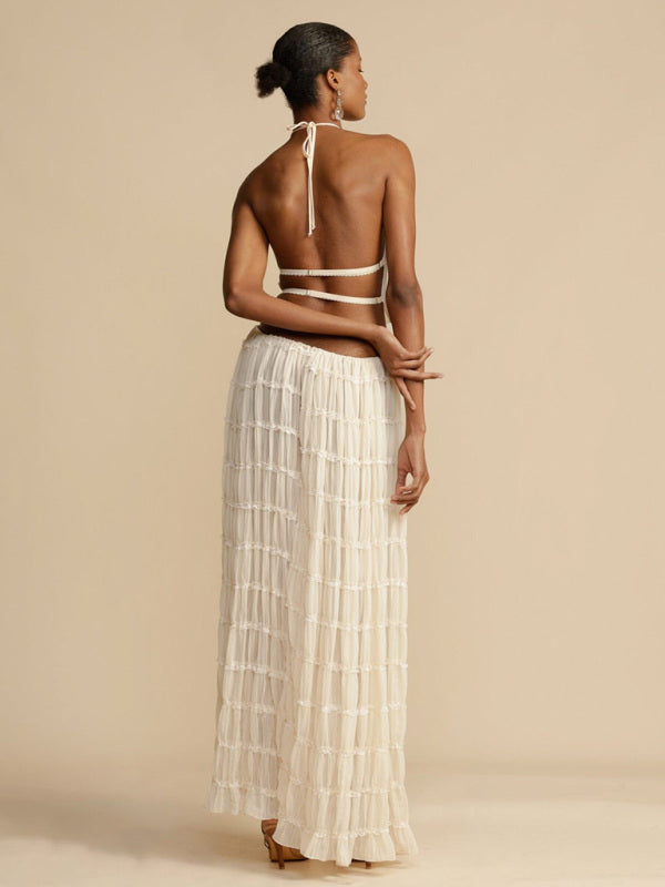 Summer Outfits- Vacation 2 Piece Piped Chiffon Backless Top & Ruched Maxi Skirt- - Pekosa Women Fashion