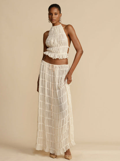 Summer Outfits- Vacation 2 Piece Piped Chiffon Backless Top & Ruched Maxi Skirt- White- Pekosa Women Fashion