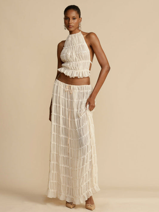 Summer Outfits- Vacation 2 Piece Piped Chiffon Backless Top & Ruched Maxi Skirt- White- Pekosa Women Fashion