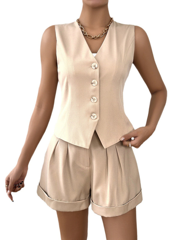 Summer Outfits- Women’s Solid Summer Set – Button-Up Vest and Shorts- - Pekosa Women Clothing