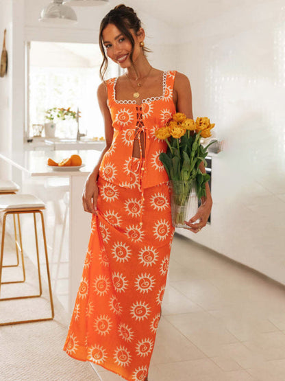 Summer Outfits- Women’s Square Neck Sleeveless Top and Slit Maxi Skirt in Summer Sun Print- Orange- Pekosa Women Clothing