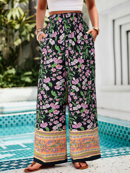 Summer Pants- Floral High Rise Wide-Leg Lounge Palazzos Pants for Summer- - Pekosa Women Clothing