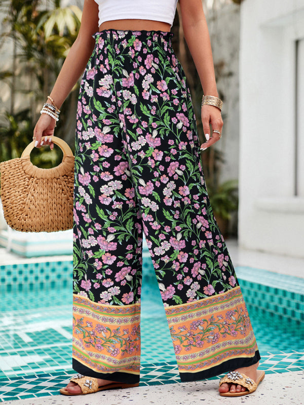 Summer Pants- Floral High Rise Wide-Leg Lounge Palazzos Pants for Summer- - Pekosa Women Clothing