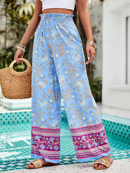 Summer Pants- Floral High Rise Wide-Leg Lounge Palazzos Pants for Summer- - Pekosa Women Clothing