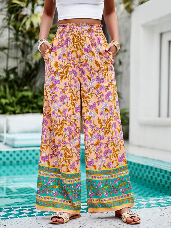 Summer Pants- Floral High Rise Wide-Leg Lounge Palazzos Pants for Summer- - Pekosa Women Clothing