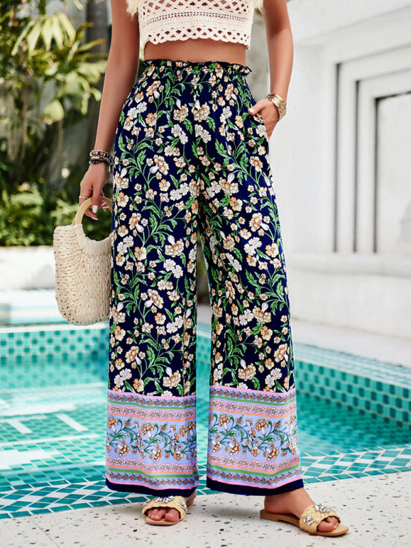 Summer Pants- Floral High Rise Wide-Leg Lounge Palazzos Pants for Summer- - Pekosa Women Clothing