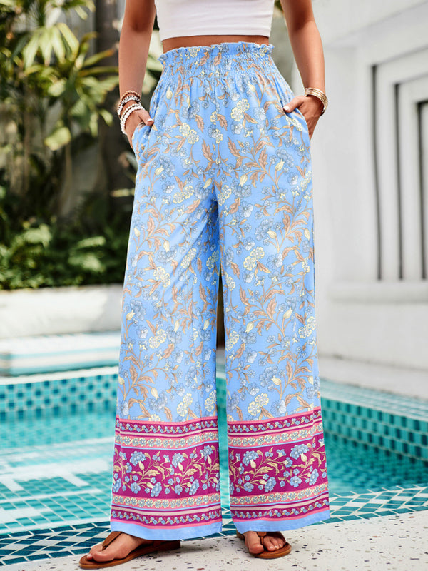 Summer Pants- Floral High Rise Wide-Leg Lounge Palazzos Pants for Summer- - Pekosa Women Clothing