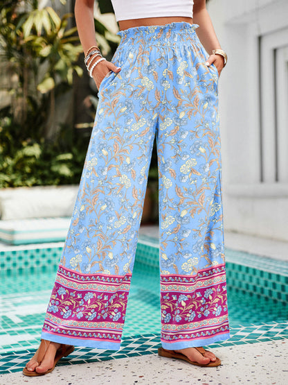 Summer Pants- Floral High Rise Wide-Leg Lounge Palazzos Pants for Summer- Blue- Pekosa Women Clothing