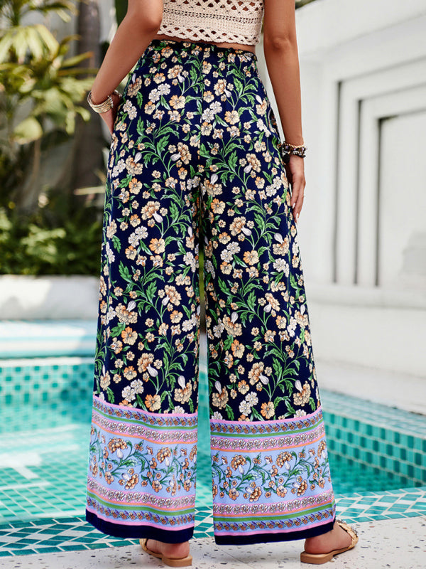 Summer Pants- Floral High Rise Wide-Leg Lounge Palazzos Pants for Summer- Champlain color- Pekosa Women Clothing