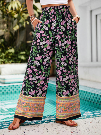 Summer Pants- Floral High Rise Wide-Leg Lounge Palazzos Pants for Summer- Black- Pekosa Women Clothing