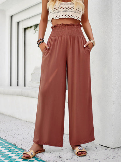 Summer Pants- Solid Palazzo - High-Waist Wide-Leg Pants for Summer Lounging- - Pekosa Women Clothing