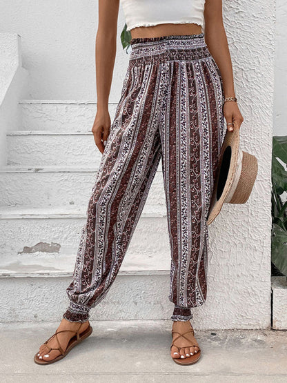 Summer Pants- Women's High Smocked Waist Pencil Pants- Brown- Pekosa Women Fashion