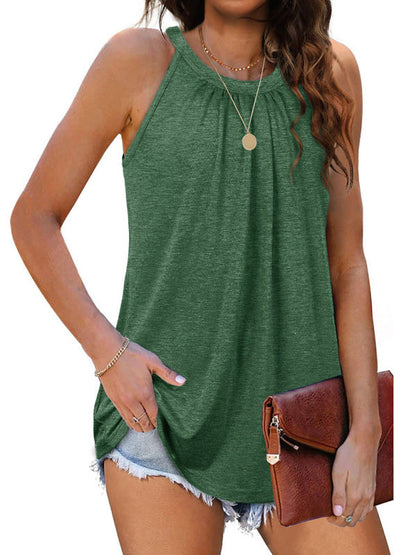 Summer Tops- Solid Flowy Sleeveless Halter Tank Top in Solid Cotton- Green- Pekosa Women Clothing