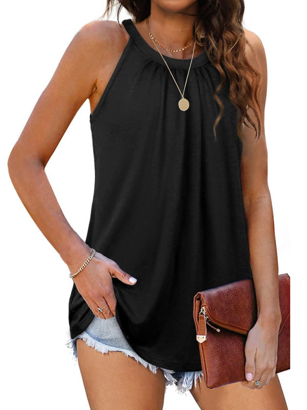 Summer Tops- Solid Flowy Sleeveless Halter Tank Top in Solid Cotton- Black- Pekosa Women Clothing