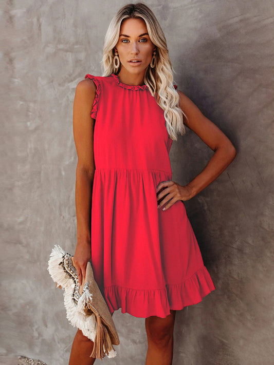 Summer dresses- Summer Cotton-Linen Frill Round Neck Ruffle Hem Tank Mini Dress- Red- Pekosa Women Clothing