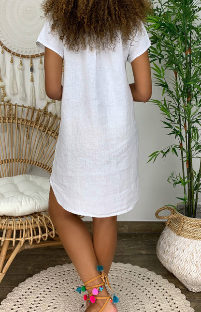 Summer dresses- Summer Solid V-Neck Yoke Tunic Mini Dress- - Pekosa Women Clothing