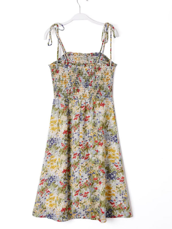 Sundress- Spring Floral Sundress with Tie-Shoulder- - Pekosa Women Clothing