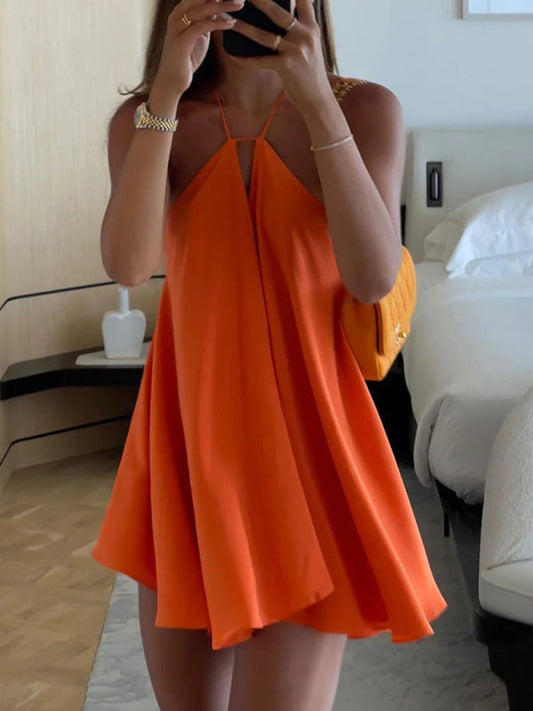 Sundresses- Essential Flowy Halterneck Backless Dress for Sunny Days in Solid- Orange- Pekosa Women Fashion