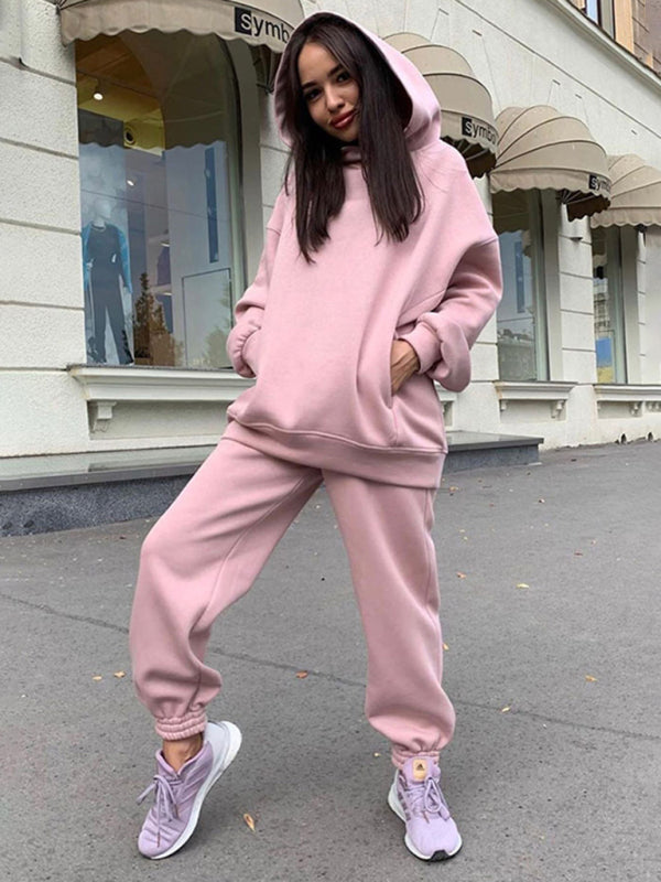 Sweat Suit- Hooded Casual Sport Sweatshirt and Jogger Outfit- Pink- Pekosa Women Clothing