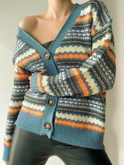 Sweater Cardigans- Autumn Fair Isle Button-Up Sweater Knit Cardigan- Blue- Pekosa Women Clothing