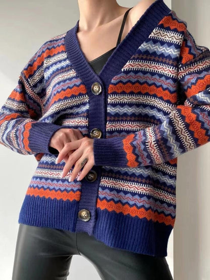 Sweater Cardigans- Autumn Fair Isle Button-Up Sweater Knit Cardigan- Champlain color- Pekosa Women Clothing