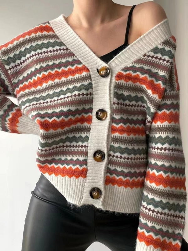 Sweater Cardigans- Autumn Fair Isle Button-Up Sweater Knit Cardigan- Cream- Pekosa Women Clothing