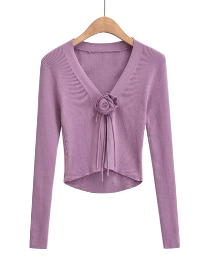 Sweater Cardigans- Fall Flower V-Neck Cardigan Sweater | Charming Blossom Knit Sweater For Winter- Purple- Pekosa Women Clothing