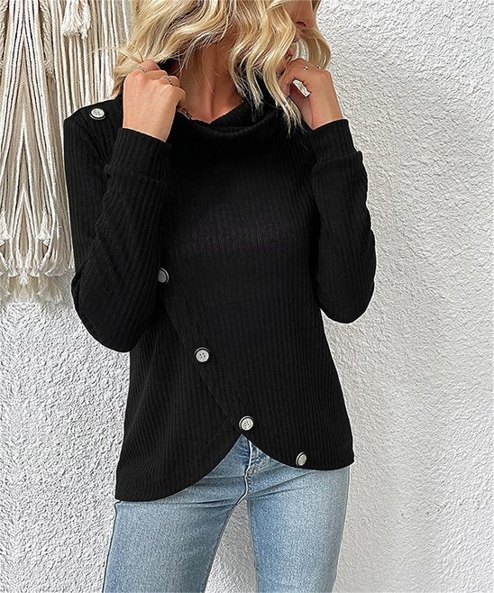 Sweater- Chic Knitted Sweater - Women's Asymmetrical Turtleneck Top- - Pekosa Women Clothing