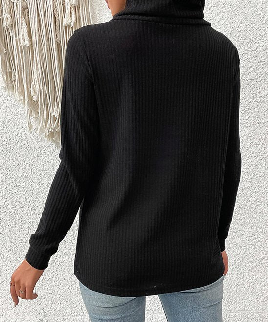 Sweater- Chic Knitted Sweater - Women's Asymmetrical Turtleneck Top- - Pekosa Women Clothing