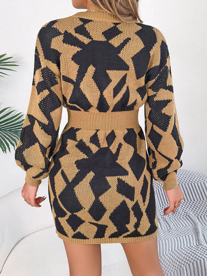 Sweater Dresses- Autumn Abstract Long Sleeve Nipped Waist Sweater Dress- - Pekosa Women Clothing