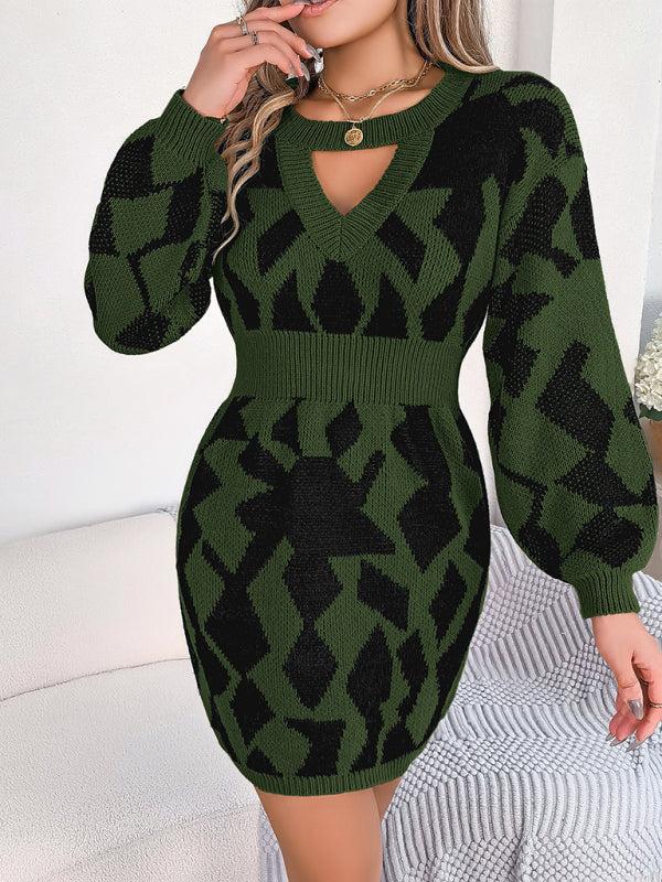 Sweater Dresses- Autumn Abstract Long Sleeve Nipped Waist Sweater Dress- - Pekosa Women Clothing