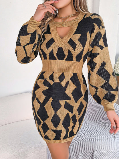 Sweater Dresses- Autumn Abstract Long Sleeve Nipped Waist Sweater Dress- - Pekosa Women Clothing