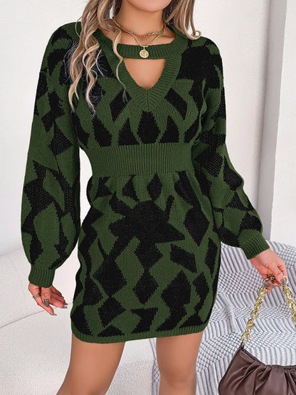 Sweater Dresses- Autumn Abstract Long Sleeve Nipped Waist Sweater Dress- Olive green- Pekosa Women Clothing