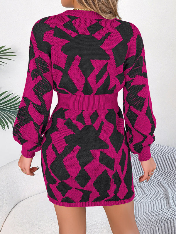 Sweater Dresses- Autumn Abstract Long Sleeve Nipped Waist Sweater Dress- - Pekosa Women Clothing