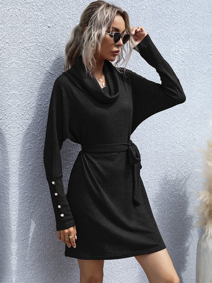 Sweater Dresses- Autumn Solid Knit Cowl Neck Sweater Tie-Waist Dress- - Pekosa Women Clothing