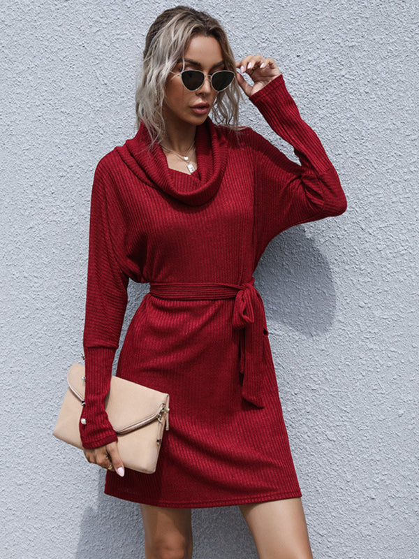 Sweater Dresses- Autumn Solid Knit Cowl Neck Sweater Tie-Waist Dress- Wine Red- Pekosa Women Clothing