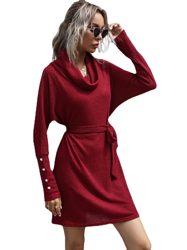 Sweater Dresses- Autumn Solid Knit Cowl Neck Sweater Tie-Waist Dress- - Pekosa Women Clothing